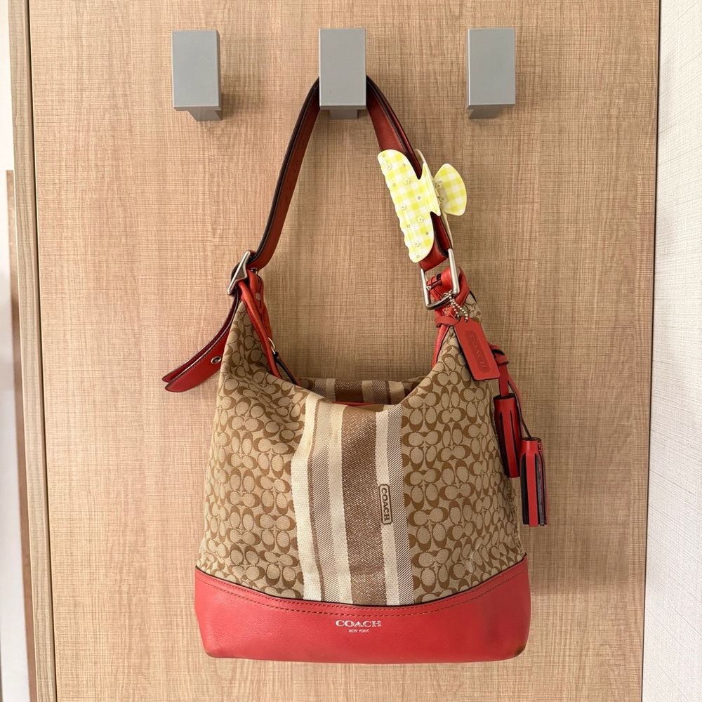 Vintage Coach Signature Stripe Hobo Bag Red Leather Trim Style 19918